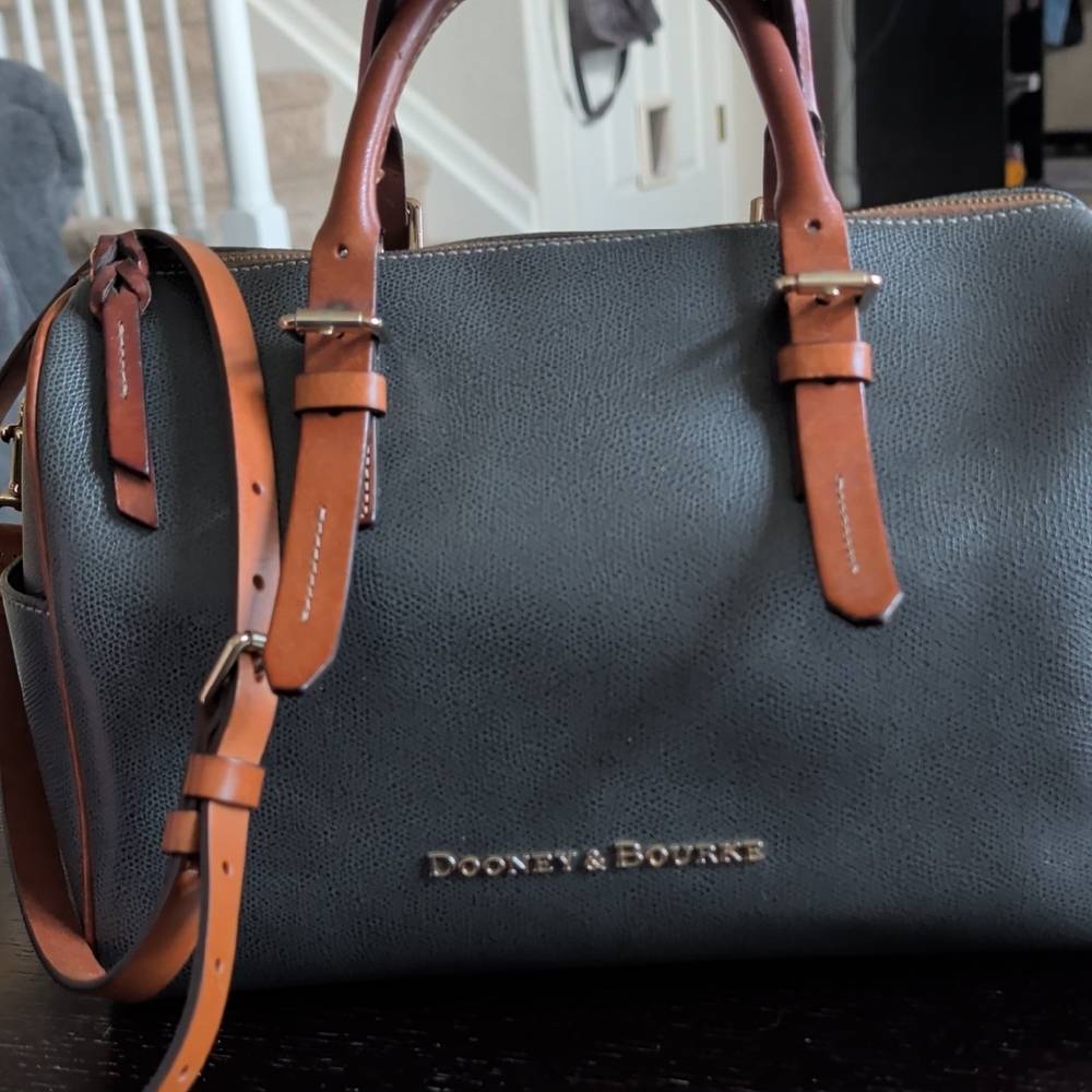 Dooney & Bourke Black Pebbled Leather Satchel with Brown Trim